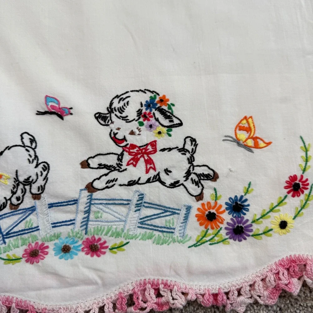 Vintage Hand Embroidered Pillowcase Set Lambs Roses Crochet Trim Cottagecore 2pc